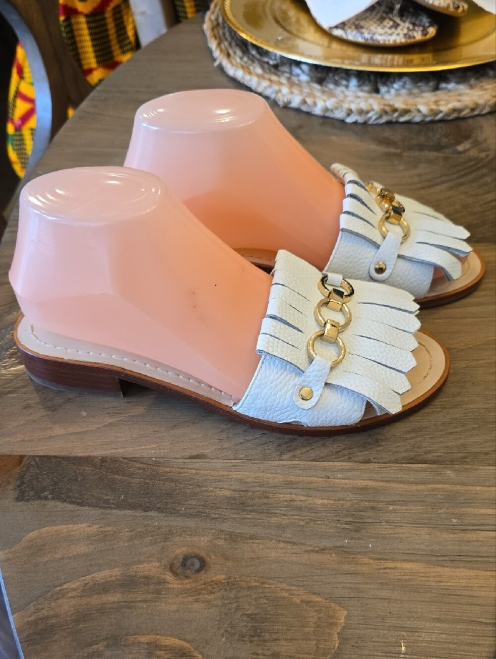 Kate Spade White Fringe Slide Mules with Gold Chain - Picture 11 of 12
